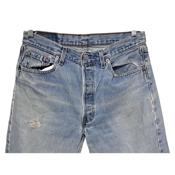 VIntage Levis 501 Jeans 90s Mens Actual 31 Tagged 33 Button Fly Distressed Fraye - Picture 5 of 15
